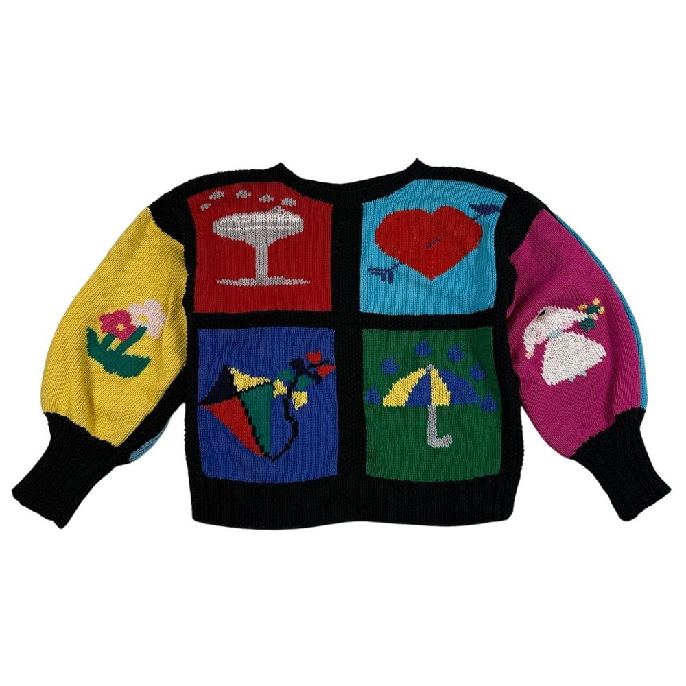 Vintage Hand Knit Chunky Colorful Block Picture 80s Sweater Fits like Small